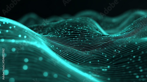 Abstract teal wave background with glowing dots for technology and science presentations 3d rendering