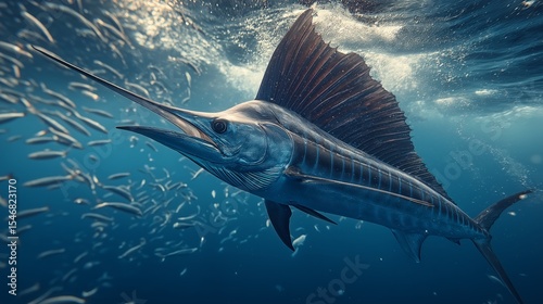 Oceanic Majesty: Witness the awe-inspiring sailfish gracefully gliding through the deep blue sea, surrounded by a school of small, silver fish, a symphony of underwater life.