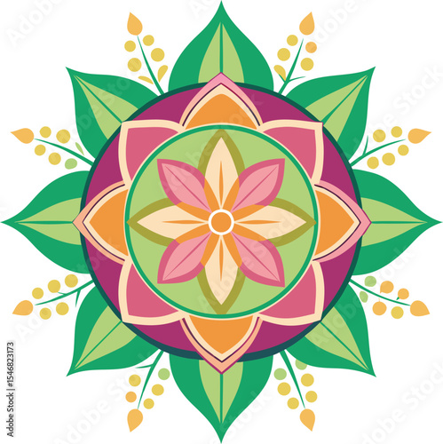 Intricate Colorful Mandala Featuring Symmetrical Green Leaves and Pink Petals