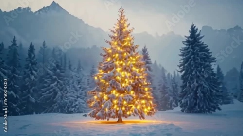 Snowy forest with illuminated Christmas tree
