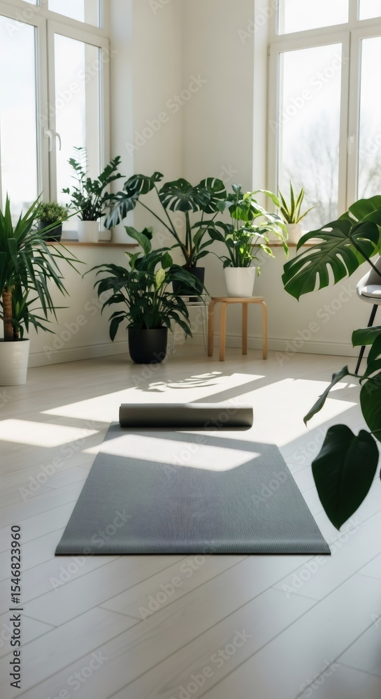 Fototapeta premium Gray yoga mat in a bright, sunny room with many green house plants. Home gym or meditation space for health and wellness. Cozy fitness area for relaxation.