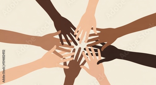 Diverse human hands with different skin colors reaching together. Concept of global community, teamwork, unity, and friendship for social inclusion.