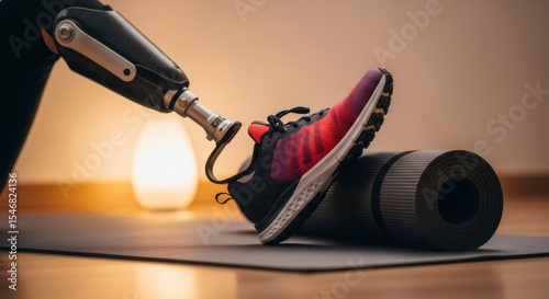 A woman's prosthetic leg and athletic shoe are seen on a yoga mat. Fitness journey and active lifestyle after rehabilitation.