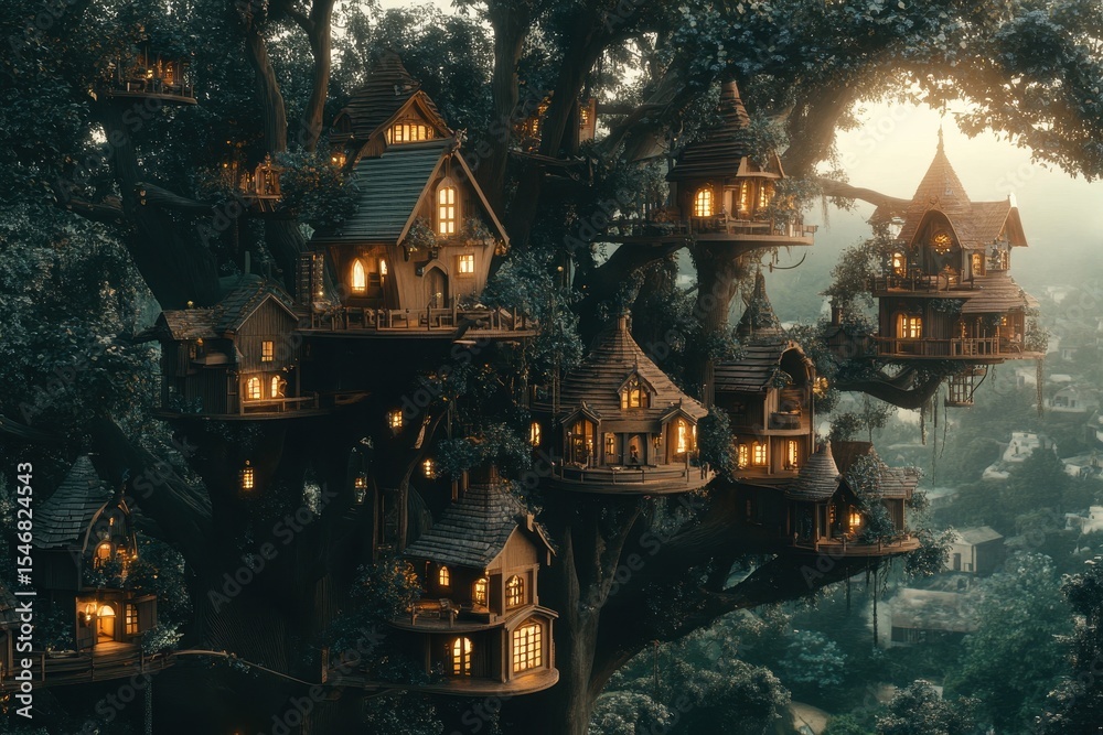Obraz premium Treehouse village embraces treetops with enchanting lights at dusk, treehouse village high in the treetops, Seamless ing Photo background