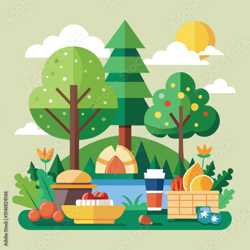 Summer Picnic Spread in a Sunny Forest Clearing