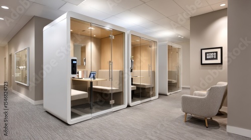 commercial office phone booths, compact soundproof cubicles, soft lighting, neutral tones, tech integrated space