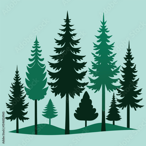 Stylized Evergreen Silhouettes on Rolling Green Hills