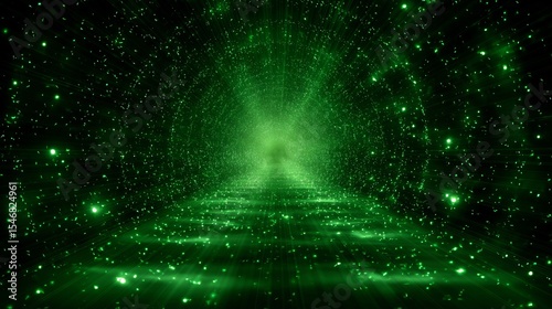 Abstract green light tunnel background with sparkling particles for wallpaper and design element