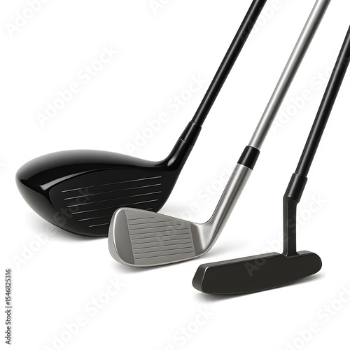 Set of three golf clubs – driver, iron and putter – realistic render isolated on white background