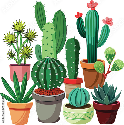 Vibrant Collection of Potted Cacti and Succulents