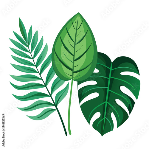 Lush Trio of Tropical Leaves: An Illustrated Botanical Arrangement