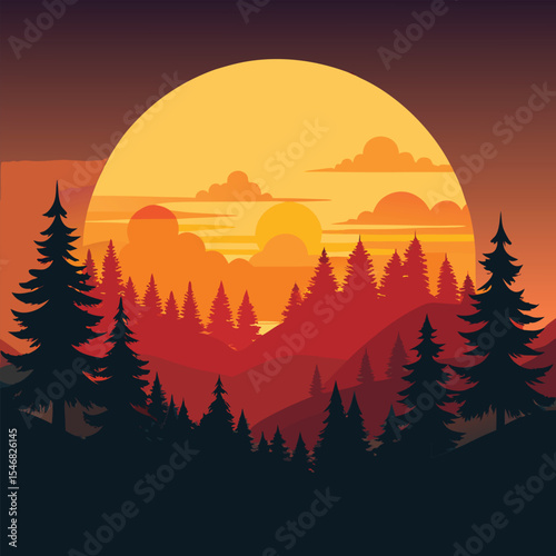 Stylized Sun Setting Over Layered Pine Forest and Mountain Silhouette