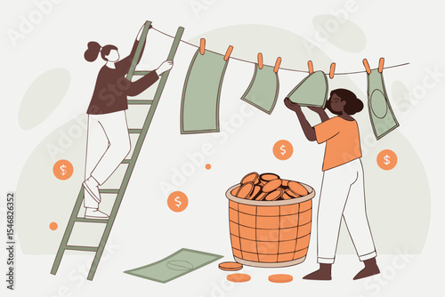 cheerful couple doing laundry together hanging colorful clothes on outdoor clothesline with wooden ladder and wicker basket illustration