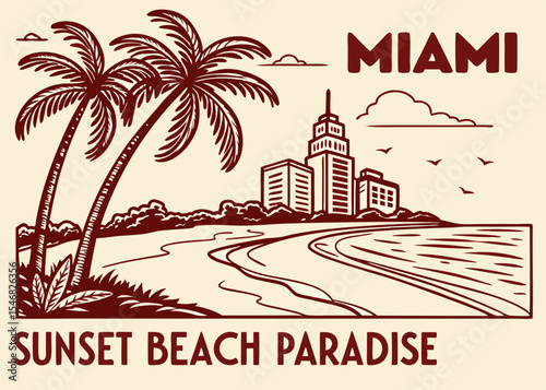 retro miami beach sunset paradise illustration travel background with palm trees and palms 