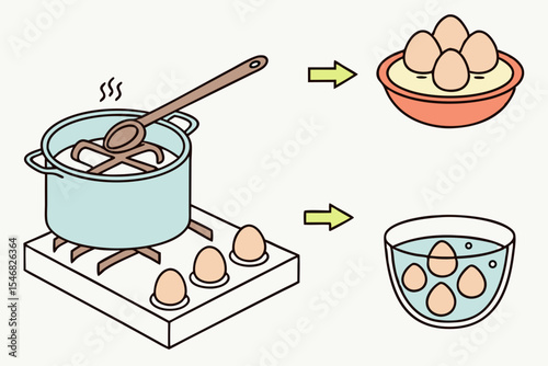 hard boiling eggs step by step illustration vector illustration of a set of baking utensils isolated on background.