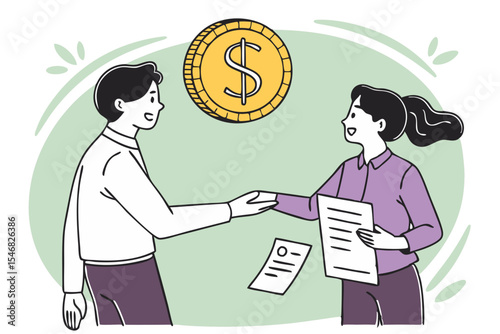 happy business deal handshake with dollar coin illustration design and isolated background.