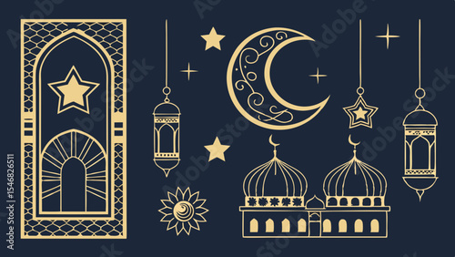 golden intricate line art of islamic design elements isolated on white background.