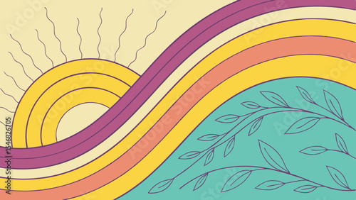 illustrated stylized landscape with rising sun, wavy bands, and botanical elements illustration background.