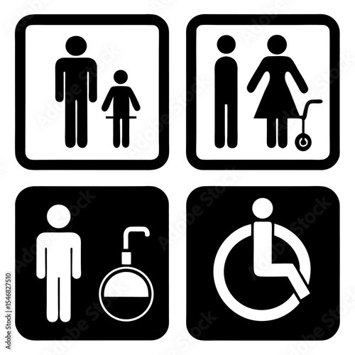 Design a clean and minimalistic icon set in black and white representing common public facility signs. Include icons for male restroom, female restroom, accessible restroom (wheelchair)