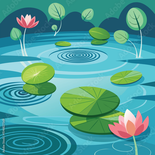 Lotus Blossoms and Lily Pads on a Rippling Pond