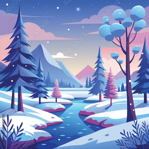 Pastel Winter Glow: A Snowy River Through the Pines