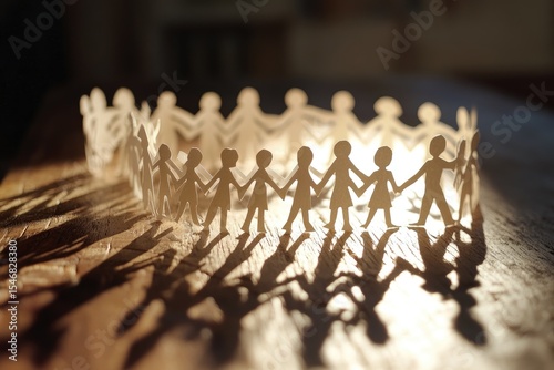 Paper people in a circle, sunlight casts shadows