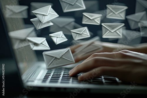 Hands typing on a laptop with emails flying around
