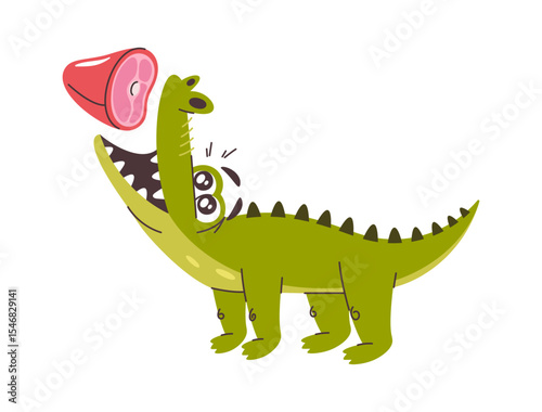 Cute cartoon crocodile catching meat