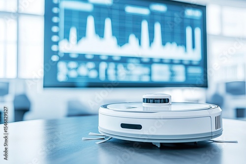 Modern robot vacuum on a table in front of a large screen displaying data