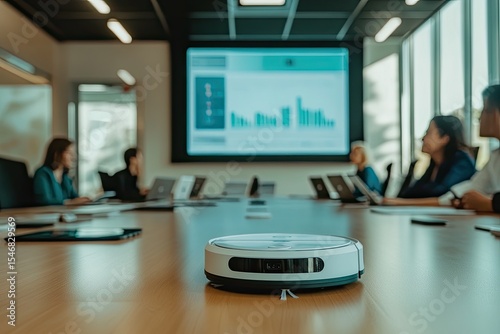 Modern office meeting, robot vacuum