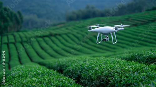 Autonomous drones and ground robots working in high-altitude tea gardens, green technology in rural Asia. drone agriculture, autonomous farming, robotic tea harvesting, sustainable