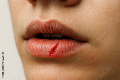 close-up of woman's lips with visible crack, highlighting dry skin and winter skincare needs. perfect image for articles on self-care, dermatology, and hydration tips.