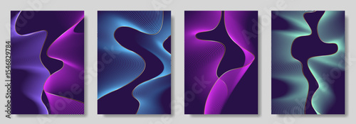 Abstract gradient poster set with wavy сolorful and gold lines. Modern vector background cover templates with 3D effects in motion. Artistic design for cover, flyer, banner, social media, music, ads.