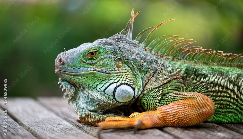 Obraz premium close up of a green iguana resting on a wooden surface with detailed scales and vibrant colors in a natural setting