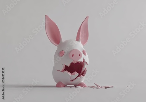A shattered, cartoon pig figurine