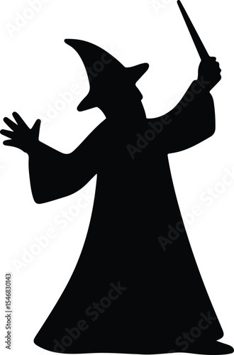 Silhouette wizard casting spells with wand Vector Illustration