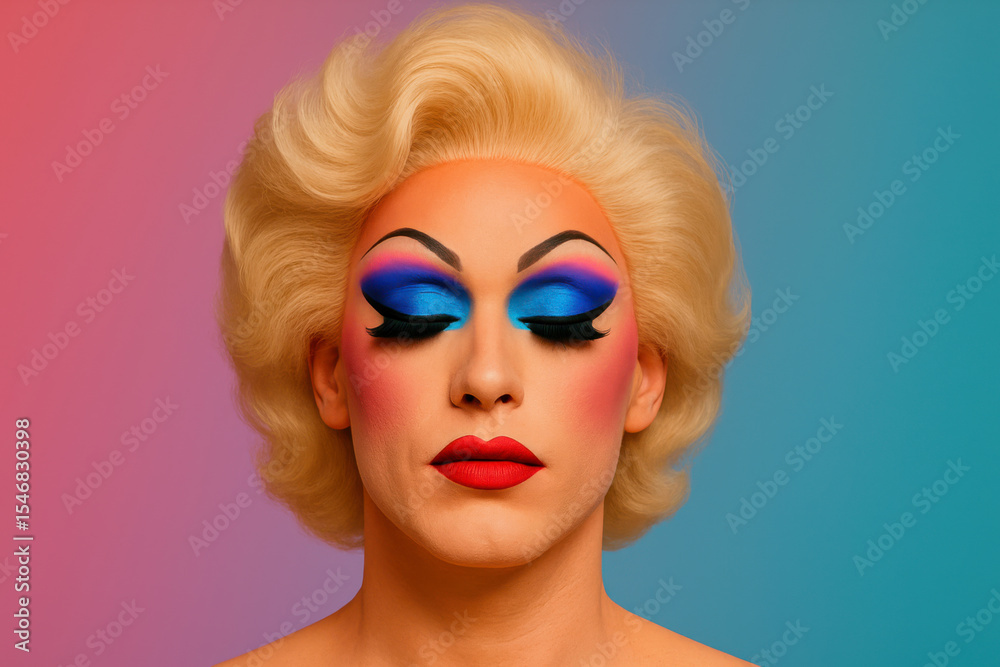 Fototapeta premium drag queen portrait with vibrant makeup, colorful eyeshadow, bold red lips. elegant retro style, closed eyes. creative expression highlighting beauty and artistry in performance culture