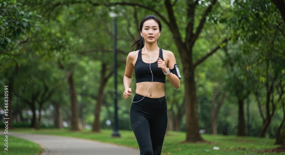 Young Asian Woman Jogging in Urban Park Young Asian Woman Jogging in Urban Park