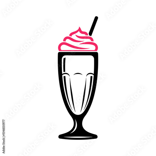 Milkshake in a glass topped with pink whipped cream, minimalistic design, copy space
