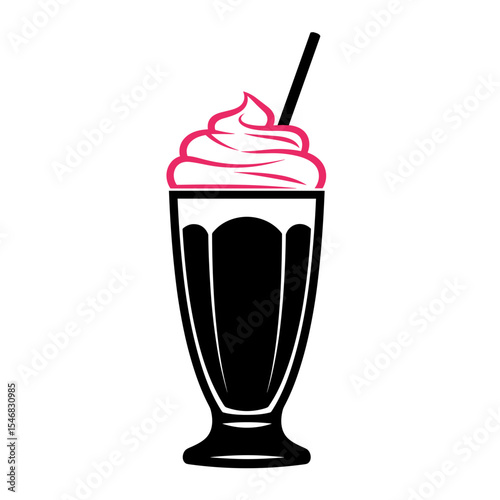 Milkshake in a glass topped with pink whipped cream, minimalistic design, copy space