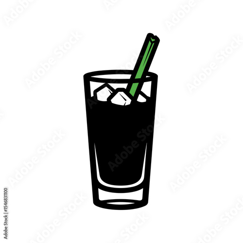 Cocktail with ice and celery stick in a glass on a white background copy space