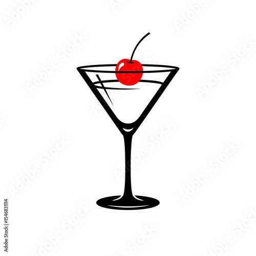 Martini cocktail in a glass with a red cherry garnish on a white background copy space