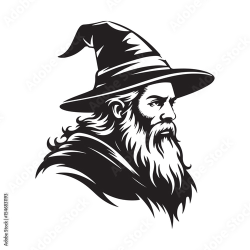  Wise Wizard Head with Long Beard and Hat Vector Illustration