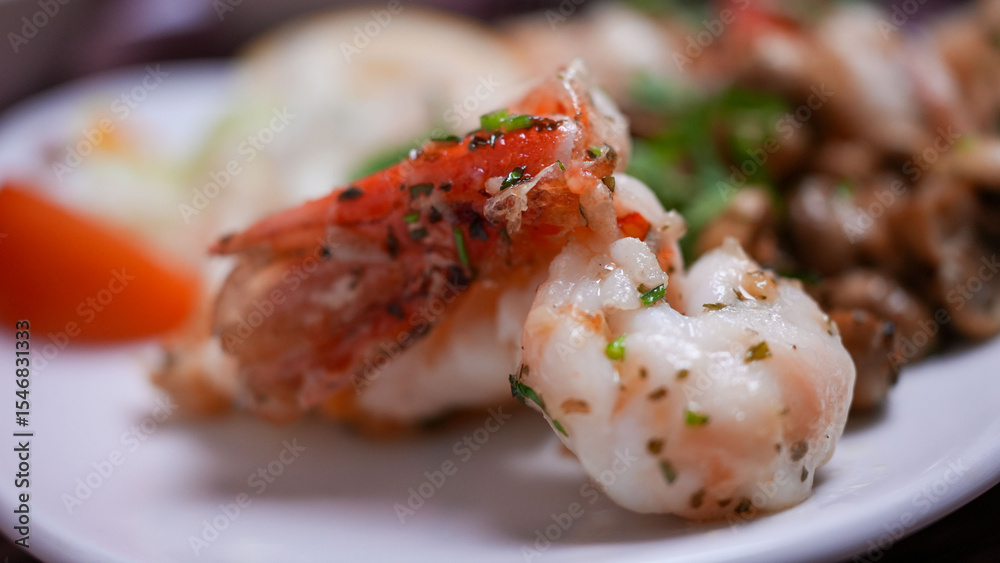 Closeup of Grilled Shrimp with Herbs and Vegetables Closeup of Grilled Shrimp with Herbs and Vegetables