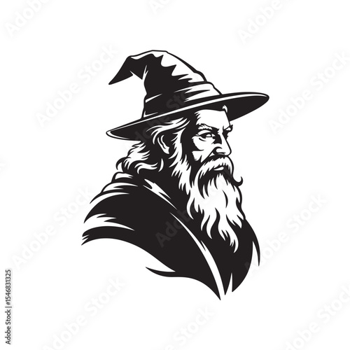  Wise Wizard Head with Long Beard and Hat Vector Illustration