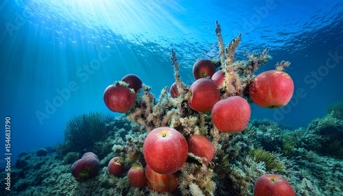 an underwater scene where apples grow on coral like structures swaying with the currents