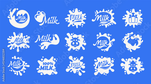 Dairy products logo design elements isolated set with advertising text in white milk splash blob
