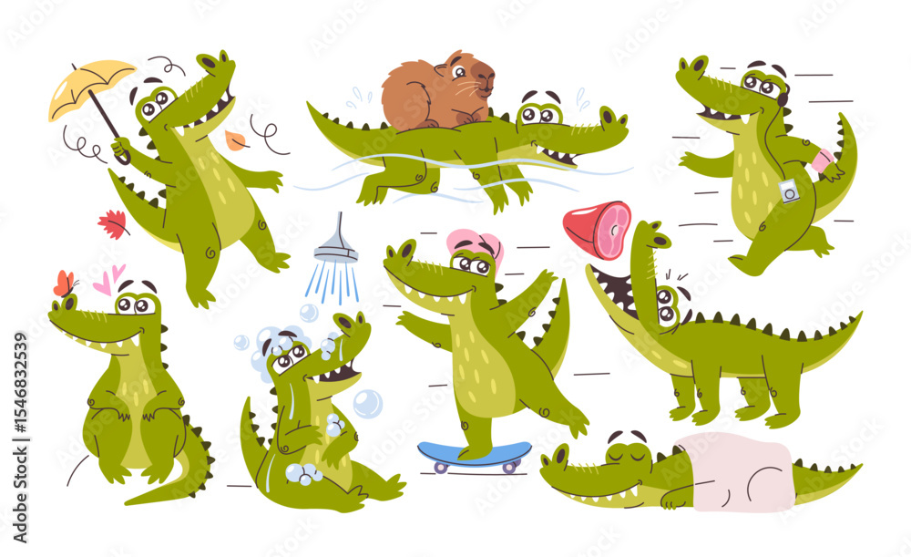 Fototapeta premium Cute lovely green crocodiles cartoon character showcasing different funny activities isolated set