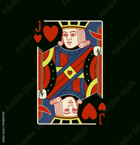 Jack character, Hearts suit playing card in vintage Black design, editable stroke line, vector colorful isolated illustration.