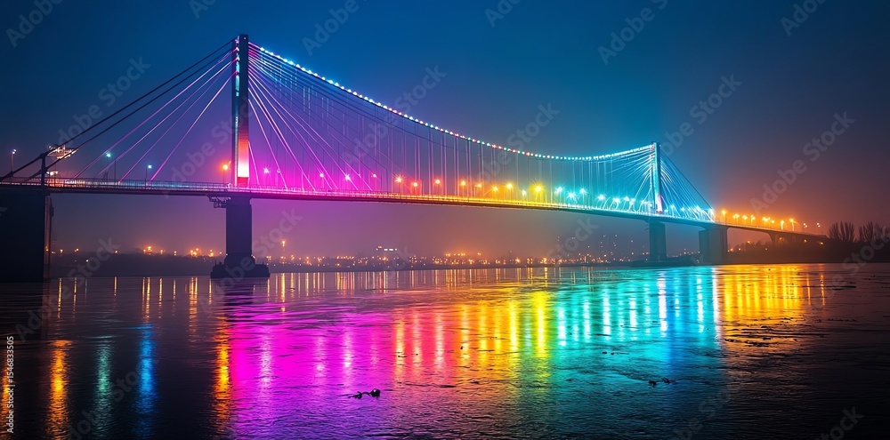 Naklejka premium Colorful Lighted Bridge Over Water at Night with Reflection